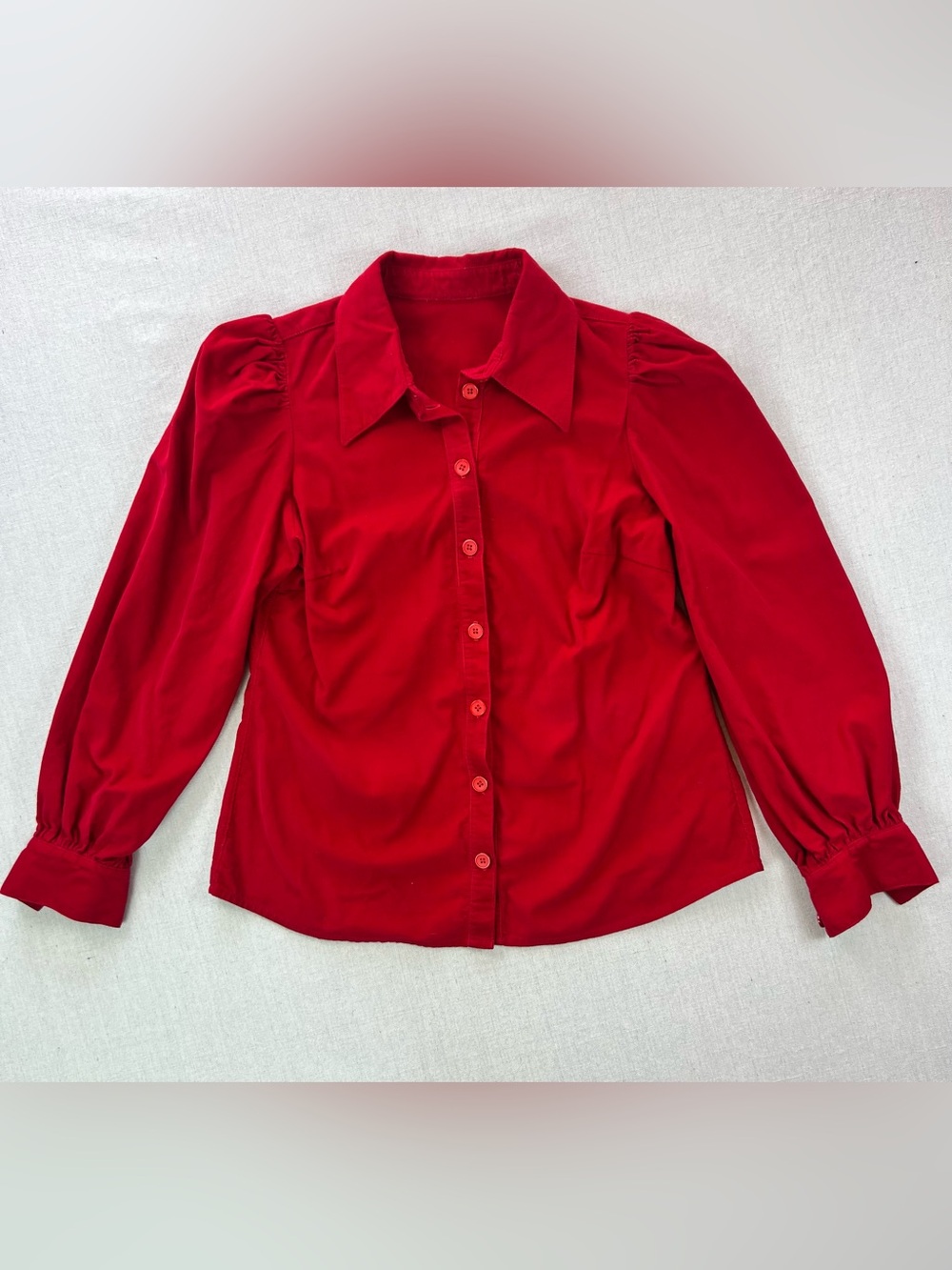 Red Puff-Sleeve Button-Front Women's Boho Corduroy Blouse - S